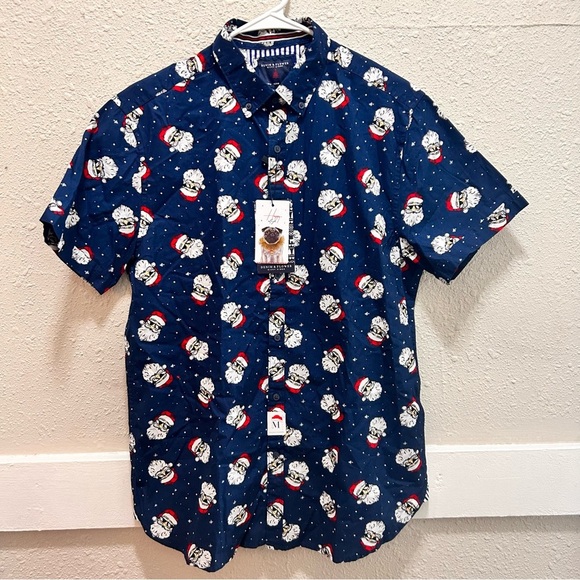 Denim & Flower Christmas Santa with Shades Navy Short Sleeve Button Down NWT M - Picture 1 of 4